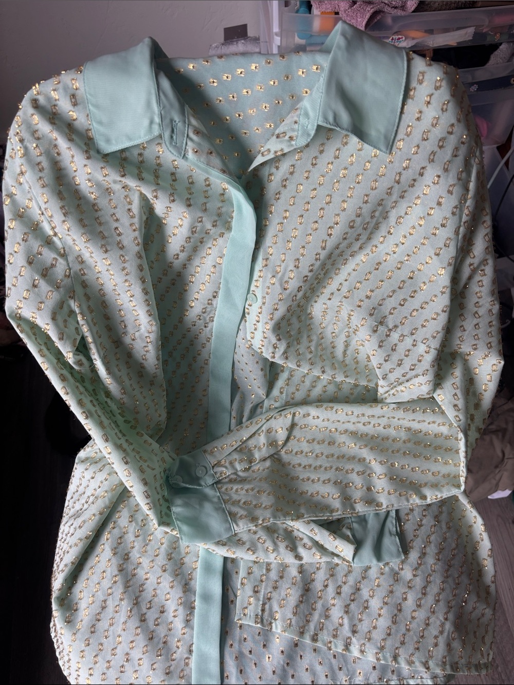 Worthington Mint Green Button-Down Shirt with Gold Dot Detail